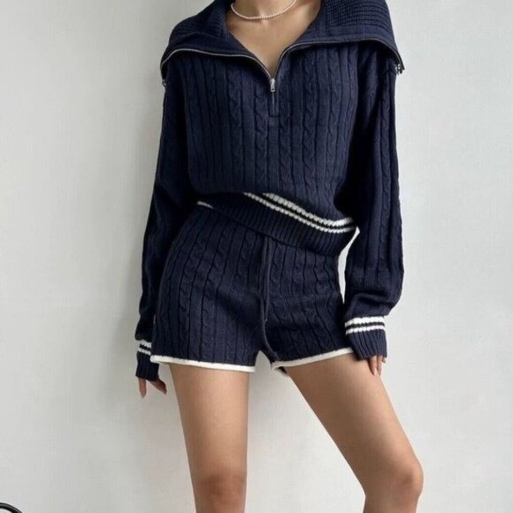 Women Outfit Two Piece Set Crop Sweater-Shorts Knit Blue Size M Sailor Neck - Picture 4 of 16